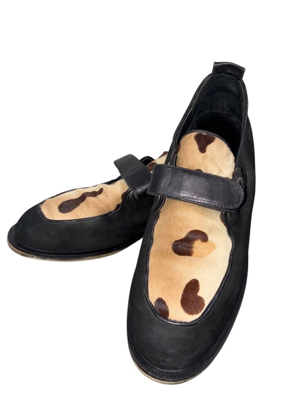 Vintage Donald Pliner Black Leather Loafers cow Print Calf Hair Accent size 9M